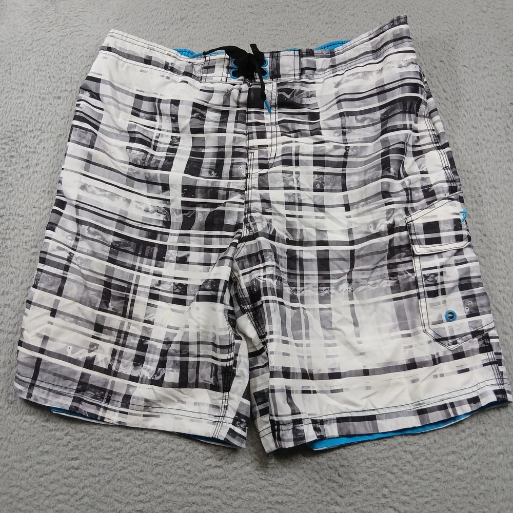 Speedo‎ Swim Trunks Men's XL Black White Plaid Board Shorts Lined